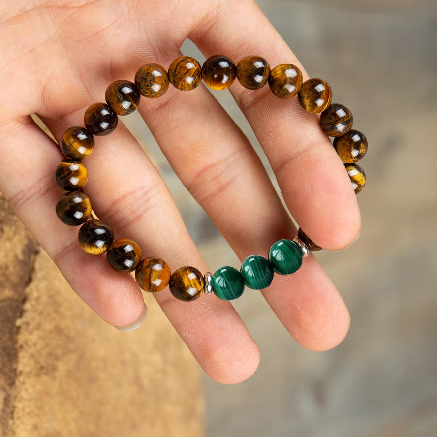 Natural Malachite Stone Bracelet- Healing Tiger's Eye Crystal Stretch Bracelet