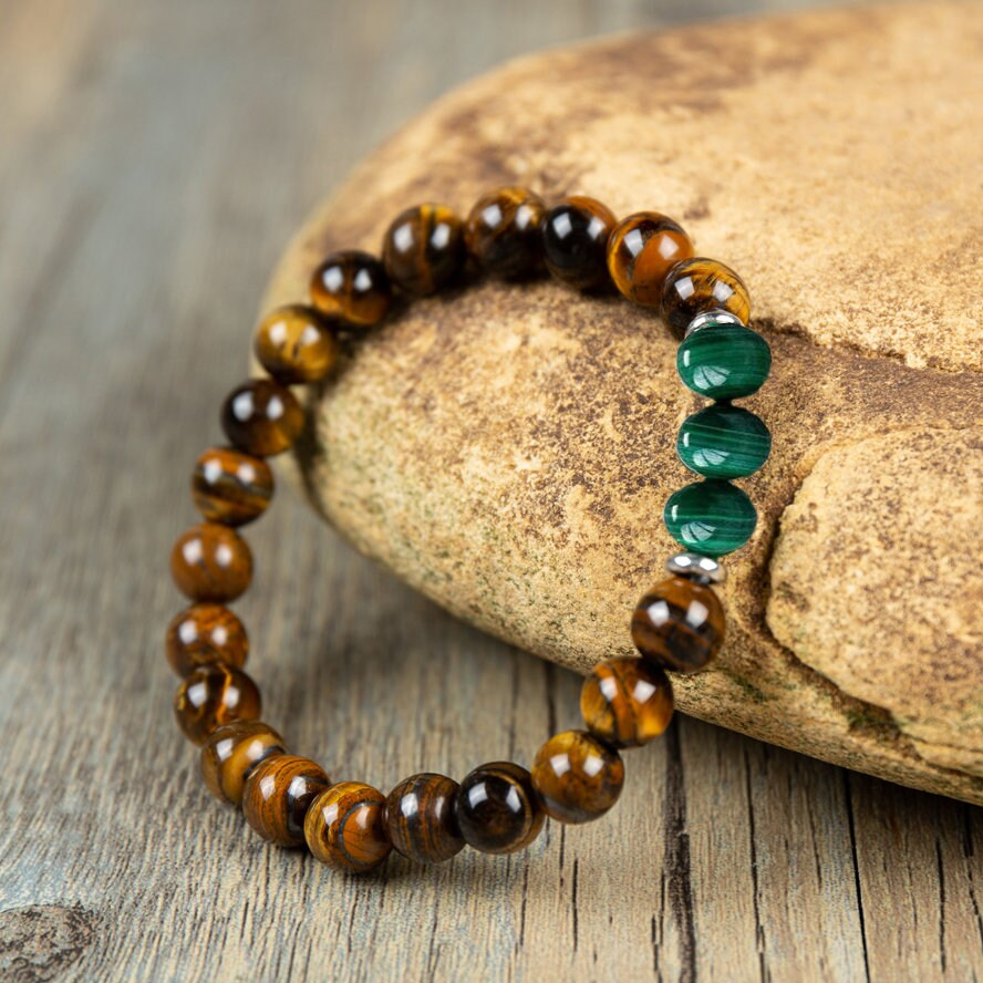 Natural Malachite Stone Bracelet- Healing Tiger's Eye Crystal Stretch Bracelet