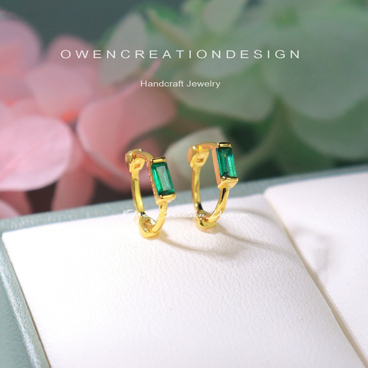 Simple Emerald Hoop Earrings- Dainty Sterling Silver Huggie Hoop Earrings-Simple Geometric Jewelry