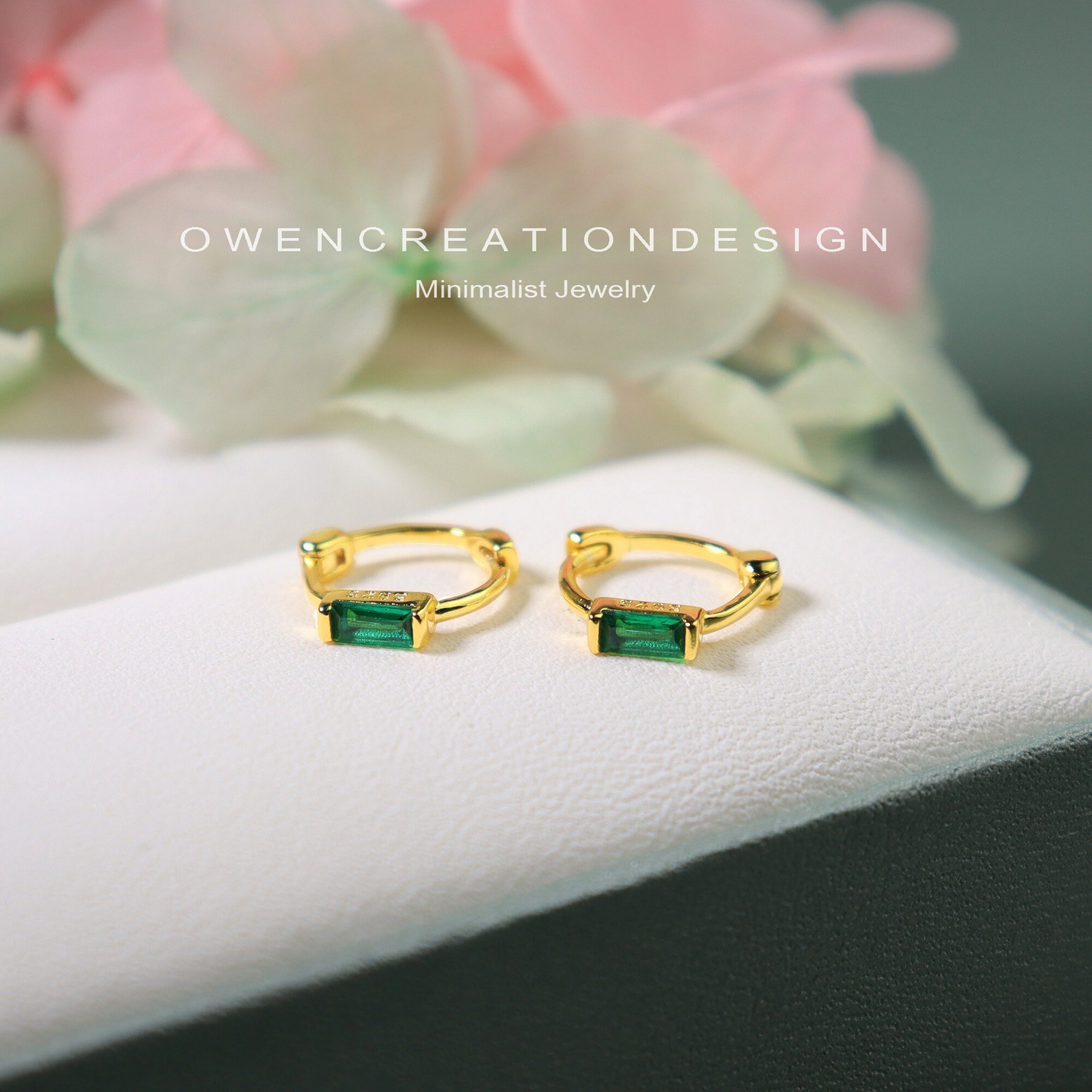 Simple Emerald Hoop Earrings- Dainty Sterling Silver Huggie Hoop Earrings-Simple Geometric Jewelry