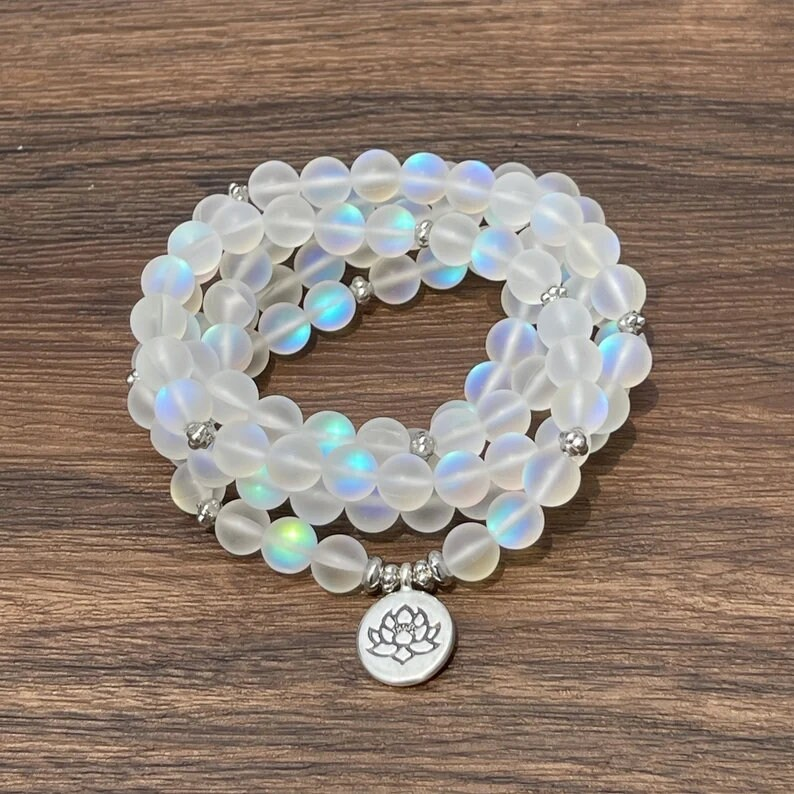 108 Beads Mala Bracelet, Matte Angel Aura Stone Mala Bracelet, Mala Prayer Beaded Bracelet,Meditation Spiritual Yoga Friendship Bracelet