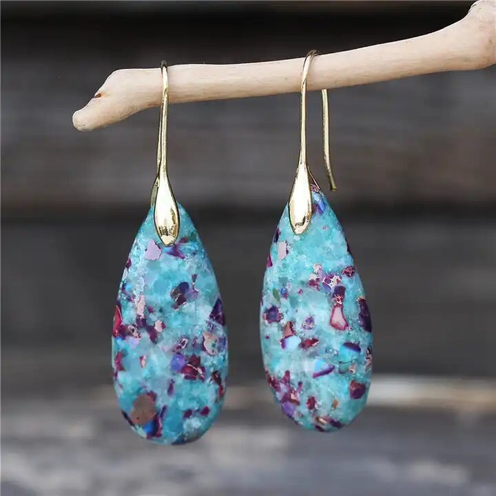 Natural Gemstone Dangle Earrings, Bijoux Geometric Healing Drop Earrings, Bohemia Earrings, Inner Peace Meditation Earrings Gift
