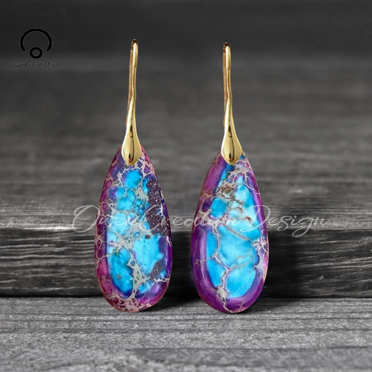 Natural Gemstone Dangle Earrings, Purple Healing Drop Earrings, Bohemia Earrings, Gold Earring, Inner Peace Meditation Earrings Gift