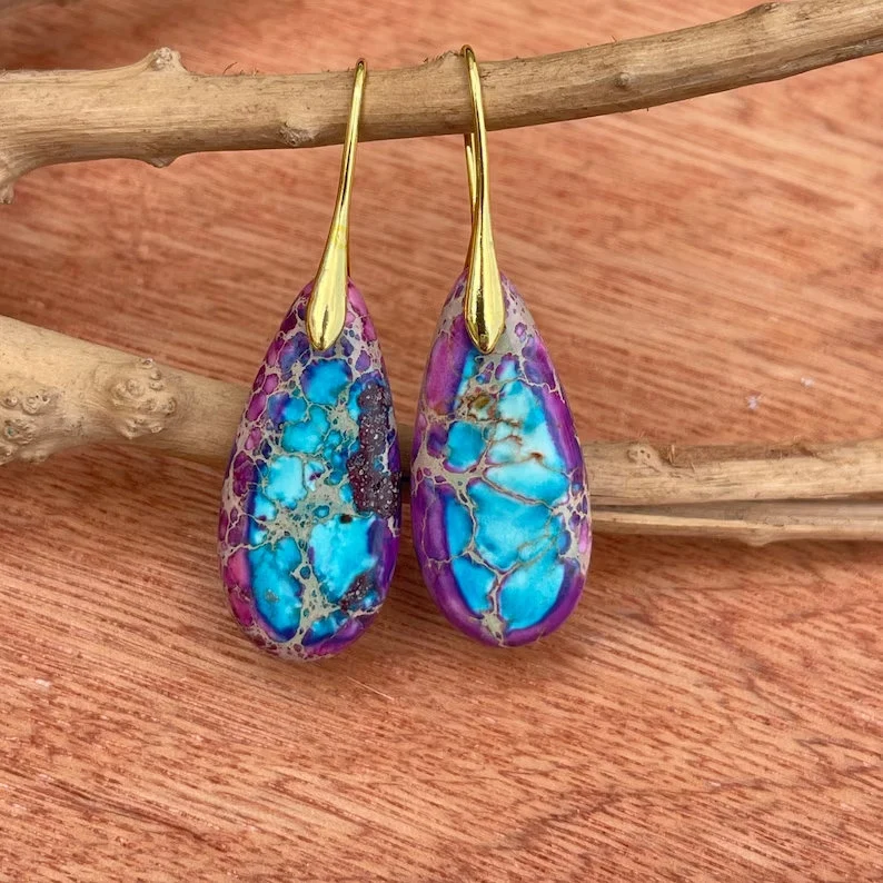 Natural Gemstone Dangle Earrings, Purple Healing Drop Earrings, Bohemia Earrings, Gold Earring, Inner Peace Meditation Earrings Gift