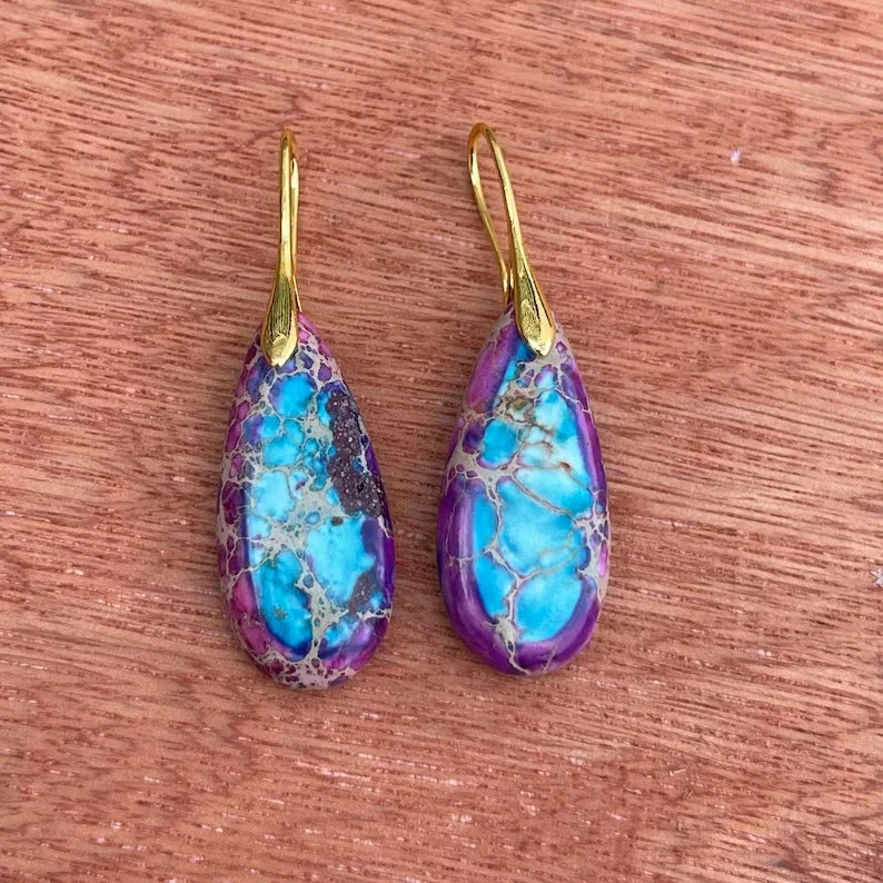 Natural Gemstone Dangle Earrings, Purple Healing Drop Earrings, Bohemia Earrings, Gold Earring, Inner Peace Meditation Earrings Gift