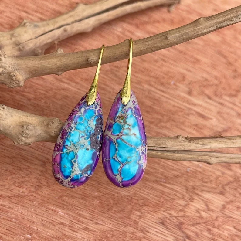 Natural Gemstone Dangle Earrings, Purple Healing Drop Earrings, Bohemia Earrings, Gold Earring, Inner Peace Meditation Earrings Gift