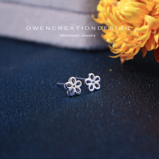 Sterling Silver Minimalist Forget Me Not Flower Blossom Studs Earrings , Delicate Earrings,Simple Nature Inspired Dainty Earrings