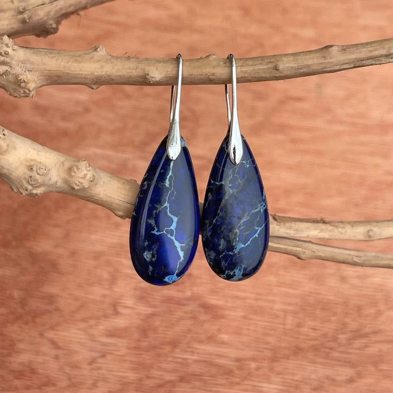 Natural Gemstone Blue Sea Sediment Teardrop Earrings- Mental Health Gemstone Dangle Drop Earrings