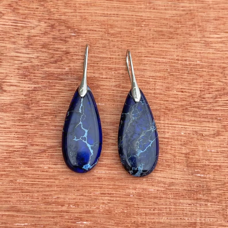 Natural Gemstone Blue Sea Sediment Teardrop Earrings- Mental Health Gemstone Dangle Drop Earrings