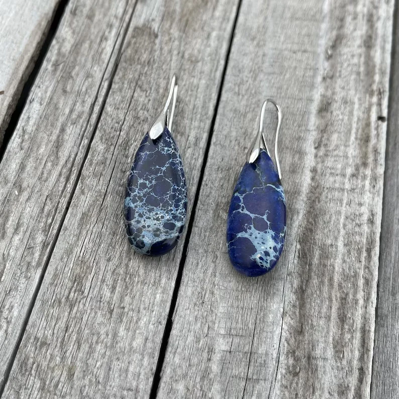 Natural Gemstone Blue Sea Sediment Teardrop Earrings- Mental Health Gemstone Dangle Drop Earrings
