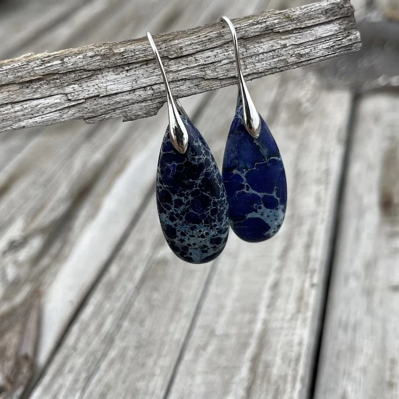 Natural Gemstone Blue Sea Sediment Teardrop Earrings- Mental Health Gemstone Dangle Drop Earrings