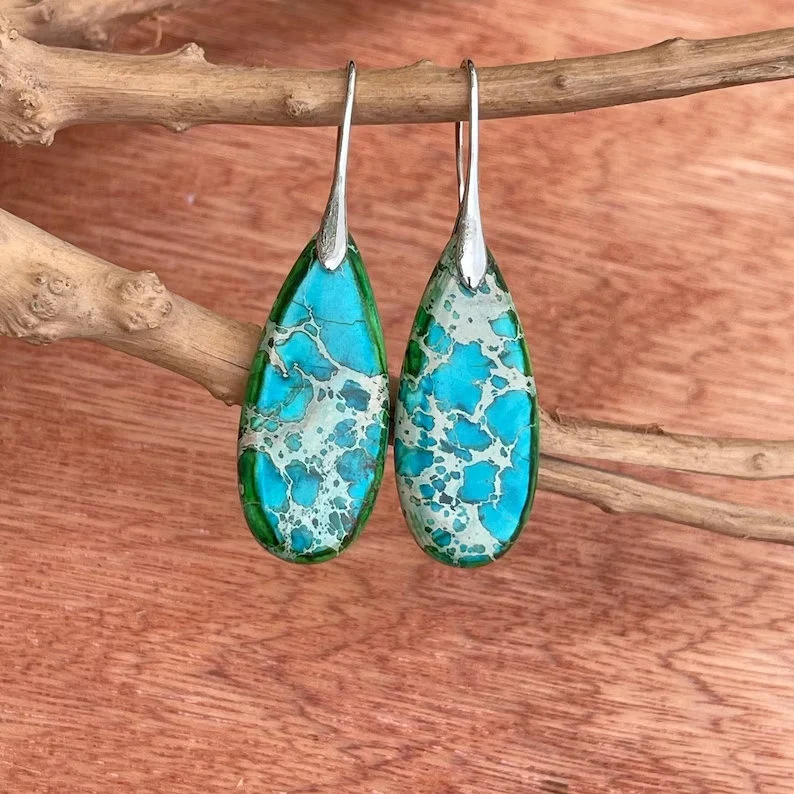 Natural Gemstone Dangle Earrings, Color Leaf Earrings Healing Earring, Bohemia Earring, Sliver Earring, Inner Peace Meditation Earrings Gift