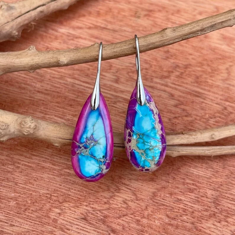 Purple Sea Sediment Stone Teardrop Earrings,Mental Health Gemstone Dangle Drop Earrings