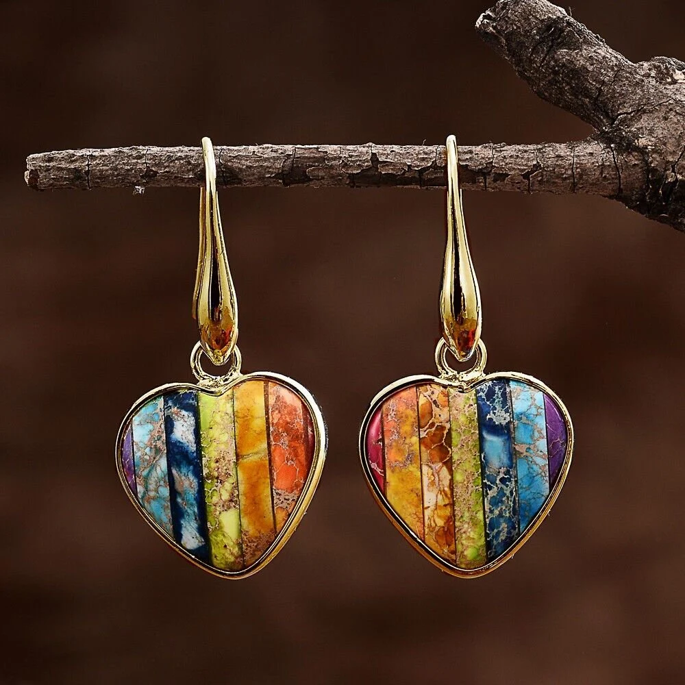 7 Chakra Earrings-Natural Heart Shaped Stone Earrings- Mental Health Gemstone Dangle Drop Earrings for Women
