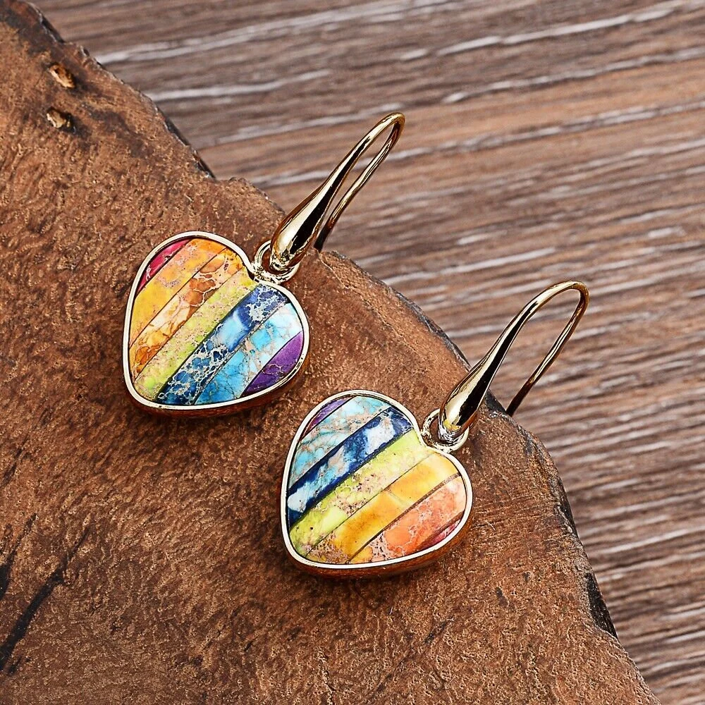 7 Chakra Earrings-Natural Heart Shaped Stone Earrings- Mental Health Gemstone Dangle Drop Earrings for Women