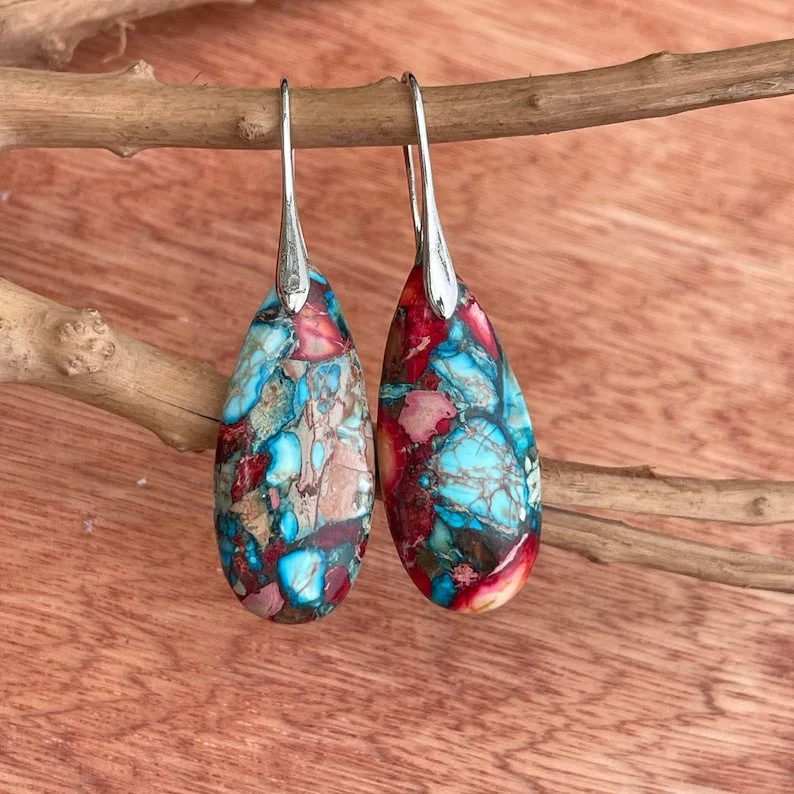 Natural Gemstone Dangle Earrings, Color Leaf Earrings Healing Earring, Bohemia Earring, Sliver Earring, Inner Peace Meditation Earrings