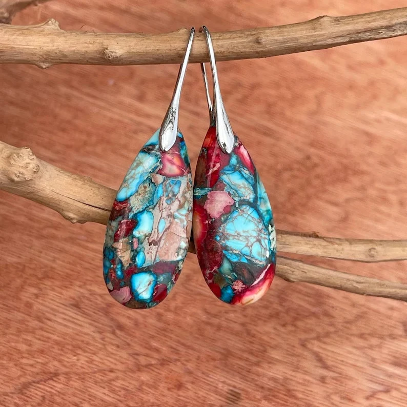 Natural Gemstone Dangle Earrings, Color Leaf Earrings Healing Earring, Bohemia Earring, Sliver Earring, Inner Peace Meditation Earrings