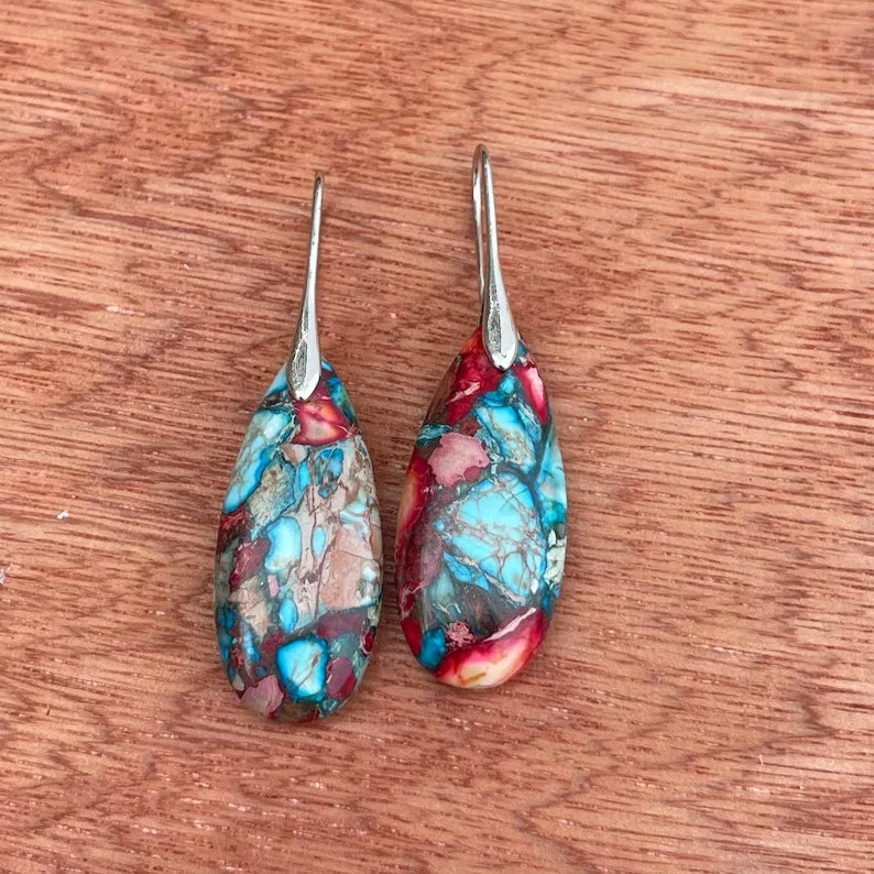 Natural Gemstone Dangle Earrings, Color Leaf Earrings Healing Earring, Bohemia Earring, Sliver Earring, Inner Peace Meditation Earrings