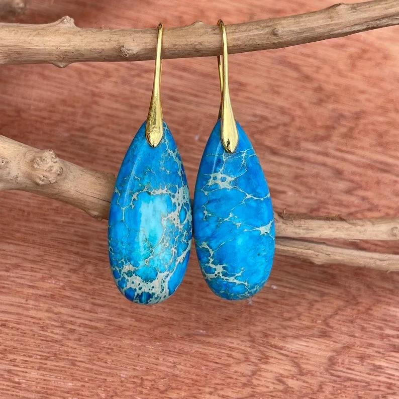 Natural Gemstone Dangle Earrings, Blue Healing Drop Earrings, Bohemia Earrings, Gold Earring, Inner Peace Meditation Earrings