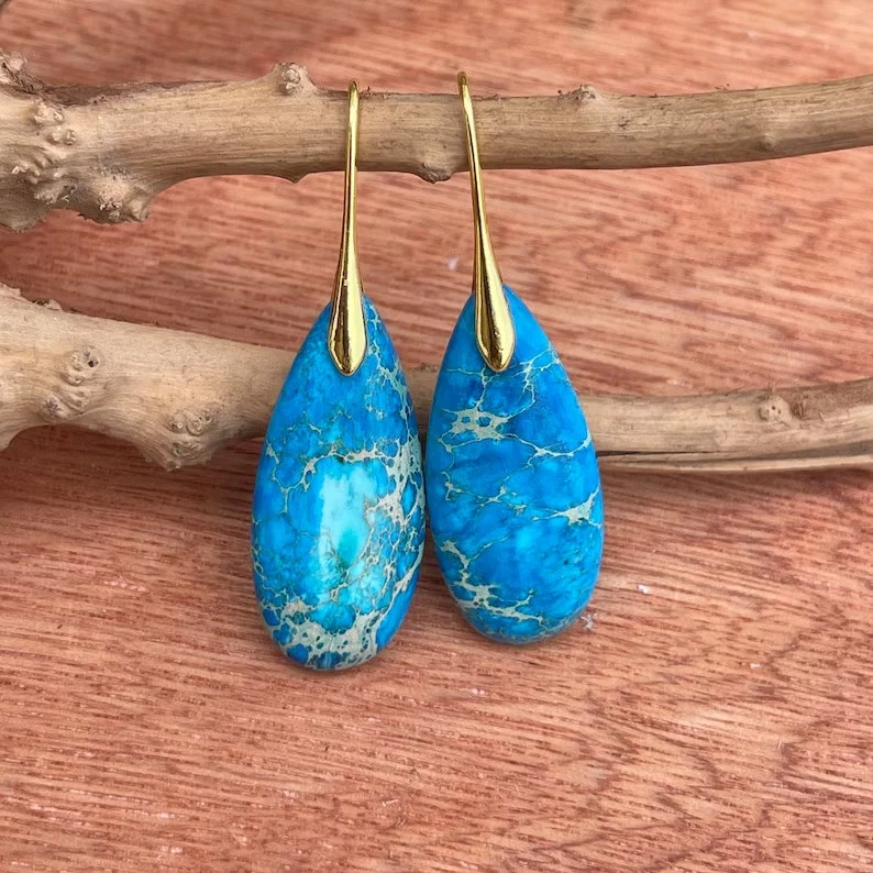 Natural Gemstone Dangle Earrings, Blue Healing Drop Earrings, Bohemia Earrings, Gold Earring, Inner Peace Meditation Earrings