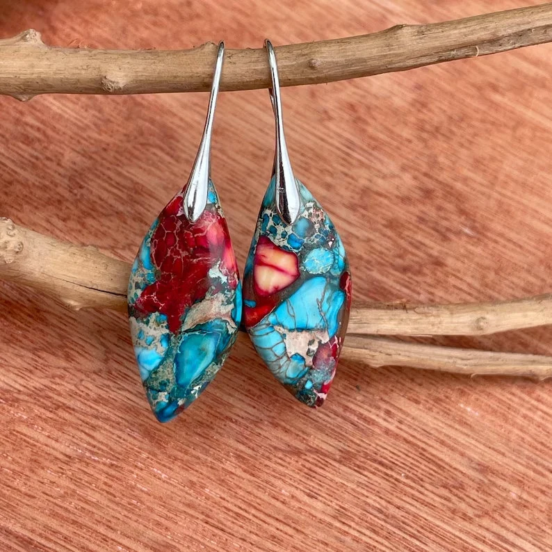 Natural Gemstone Dangle Earrings, Color Leaf Earrings Healing Earring, Bohemia Earring, Sliver Earring, Inner Peace Meditation Earrings