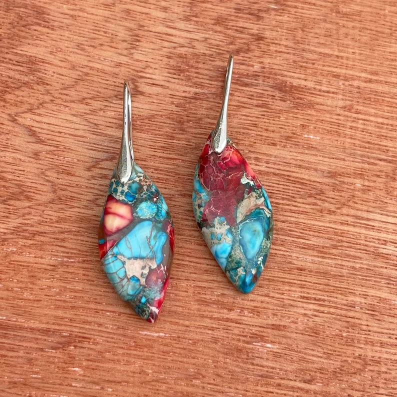 Natural Gemstone Dangle Earrings, Color Leaf Earrings Healing Earring, Bohemia Earring, Sliver Earring, Inner Peace Meditation Earrings