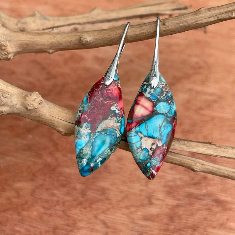 Natural Gemstone Dangle Earrings, Color Leaf Earrings Healing Earring, Bohemia Earring, Sliver Earring, Inner Peace Meditation Earrings