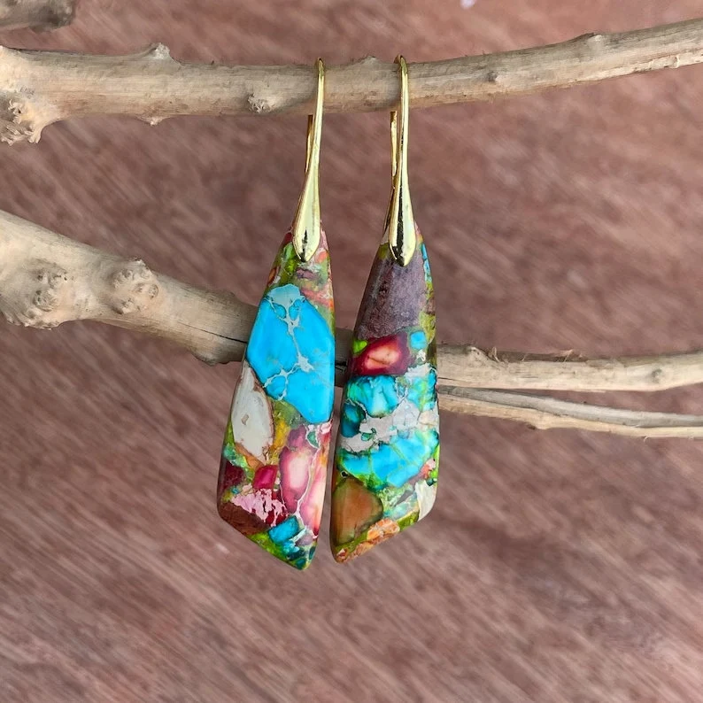 Natural Gemstone Dangle Earrings, Nature Healing Drop Earrings, Bohemia Earrings, Gold Earring, Birthday Gift for Daughter