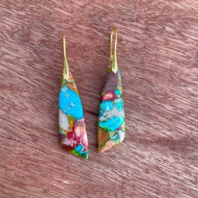 Natural Gemstone Dangle Earrings, Nature Healing Drop Earrings, Bohemia Earrings, Gold Earring, Birthday Gift for Daughter