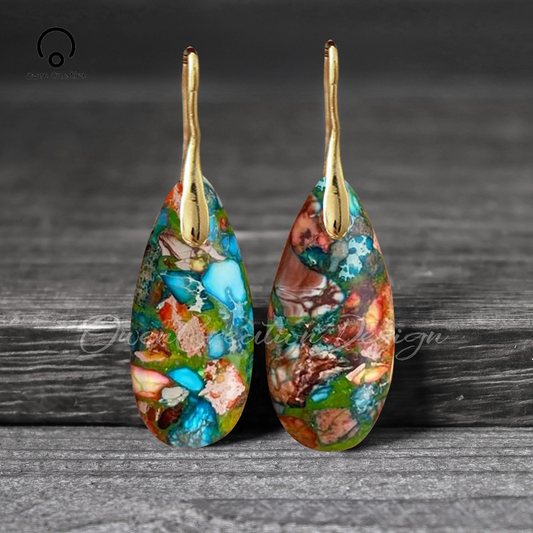 Natural Gemstone Colorful Earrings, Nature Healing Drop Earrings, Bohemia Earrings, Gold Earring