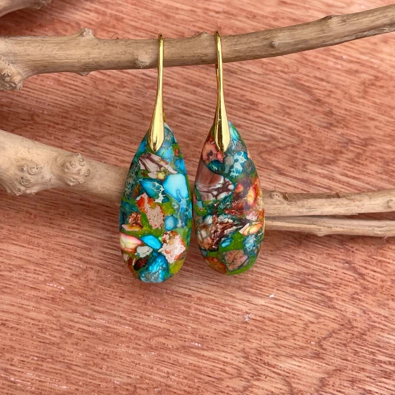 Natural Gemstone Colorful Earrings, Nature Healing Drop Earrings, Bohemia Earrings, Gold Earring