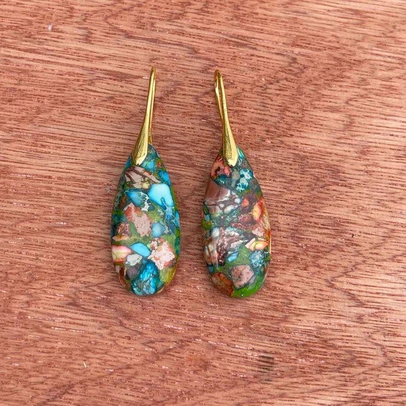 Natural Gemstone Colorful Earrings, Nature Healing Drop Earrings, Bohemia Earrings, Gold Earring