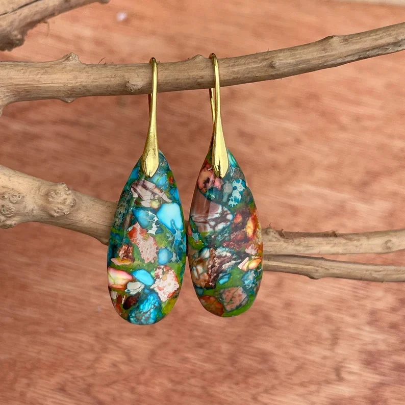 Natural Gemstone Colorful Earrings, Nature Healing Drop Earrings, Bohemia Earrings, Gold Earring