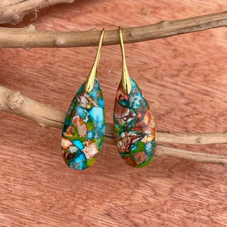 Natural Gemstone Colorful Earrings, Nature Healing Drop Earrings, Bohemia Earrings, Gold Earring
