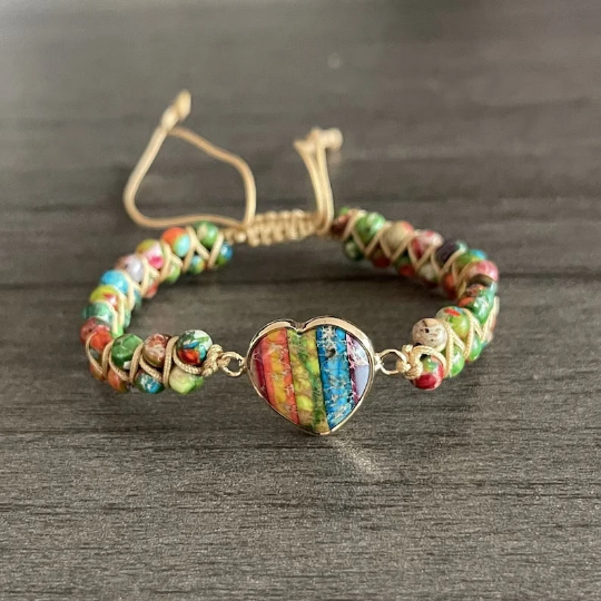 Sea Sediment Jasper Bracelet, Love Heart Chakra, Rainbow Charm, Yoga Meditation Bracelet, Boho Bracelet