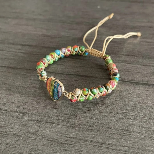 Sea Sediment Jasper Bracelet, Love Heart Chakra, Rainbow Charm, Yoga Meditation Bracelet, Boho Bracelet