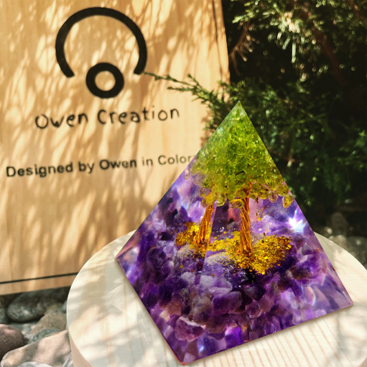 Tree of Life Peridot Orgone Pyramid-Amethyst Meditation Pyramid