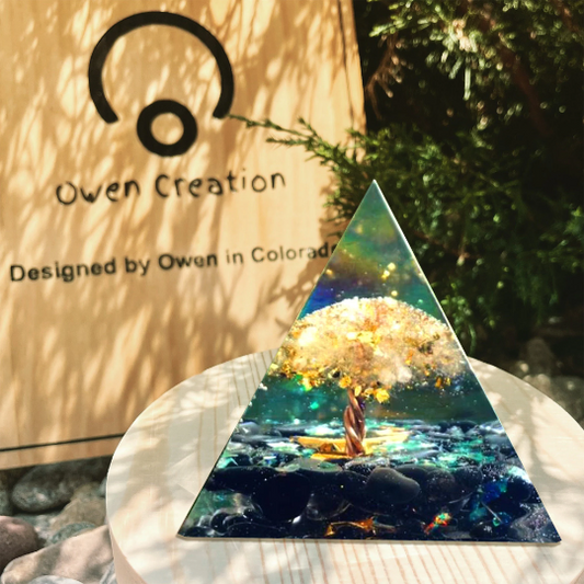 Tree of Life Clear Quartz Crystal Orgone Pyramid-Obsidian Orgonite Pyramid