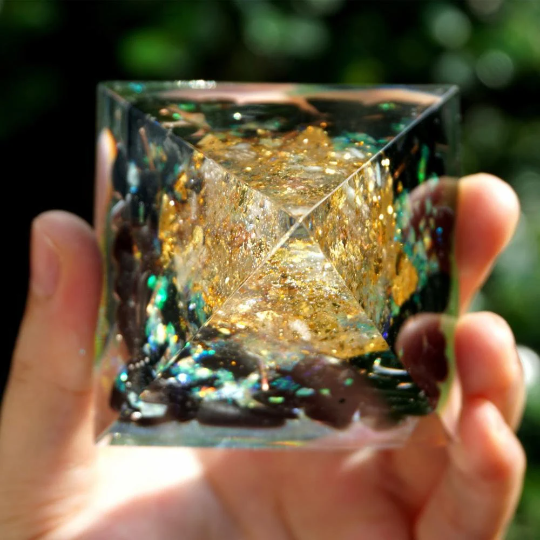 Tree of Life Clear Quartz Crystal Orgone Pyramid-Obsidian Orgonite Pyramid