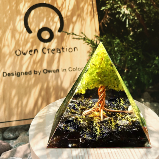 Tree of Life Peridot Orgone Pyramid-Natural Obsidian Stone Orgonite Pyramid