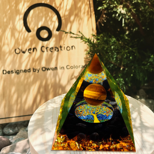 Tree of Life Orgone Pyramid-Tiger Eye Obsidian Meditation Orgonite Pyramid