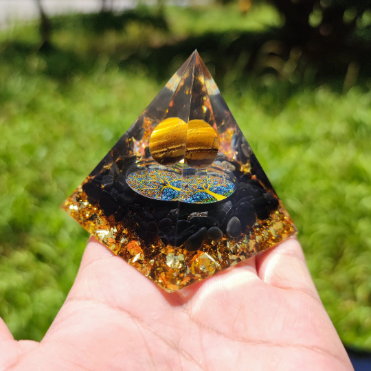 Tree of Life Orgone Pyramid-Tiger Eye Obsidian Meditation Orgonite Pyramid