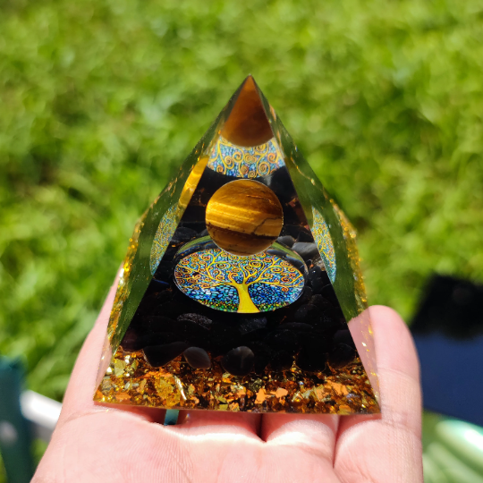 Tree of Life Orgone Pyramid-Tiger Eye Obsidian Meditation Orgonite Pyramid