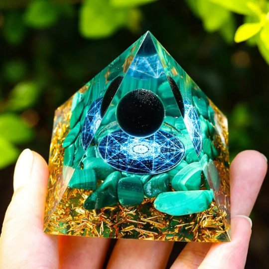 Natural Malachite Orgone Pyramid-Obsidian Sphere Meditation Orgonite Pyramid
