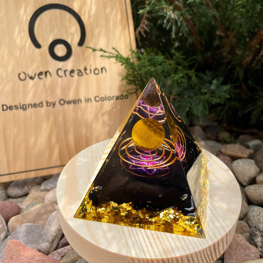 Natural Tiger's Eye Crystal Sphere With Obsidian Crystal Orgonite Pyramid