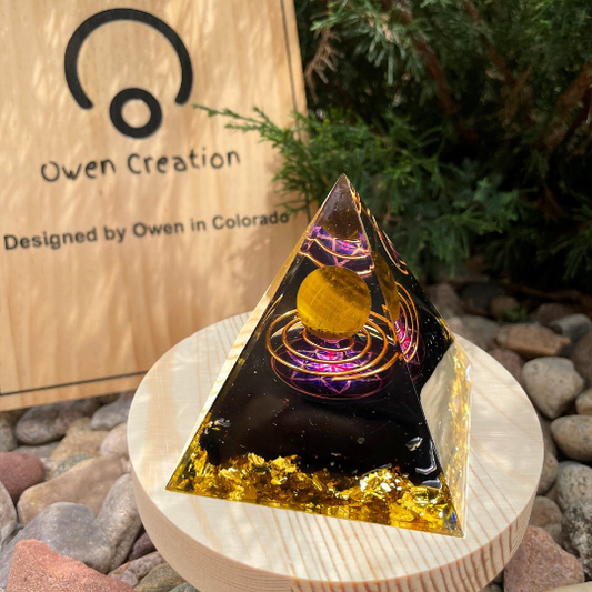 Natural Tiger's Eye Crystal Sphere With Obsidian Crystal Orgonite Pyramid