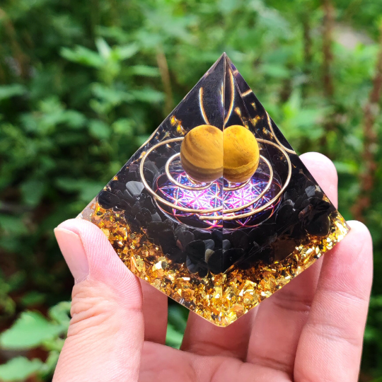 Natural Tiger's Eye Crystal Sphere With Obsidian Crystal Orgonite Pyramid