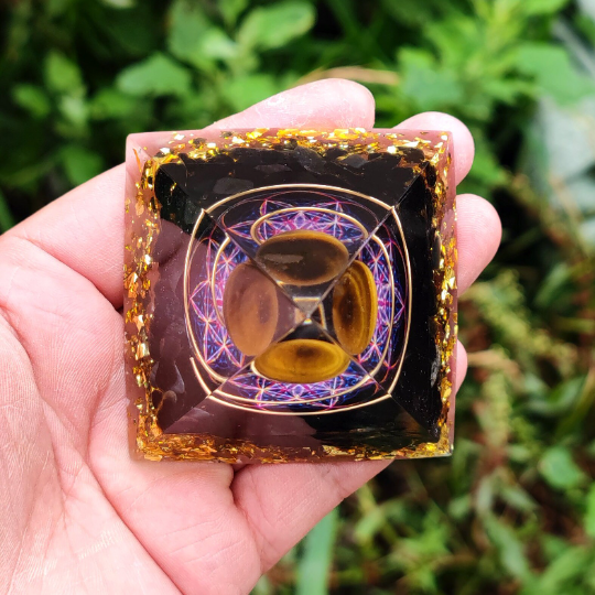 Natural Tiger's Eye Crystal Sphere With Obsidian Crystal Orgonite Pyramid