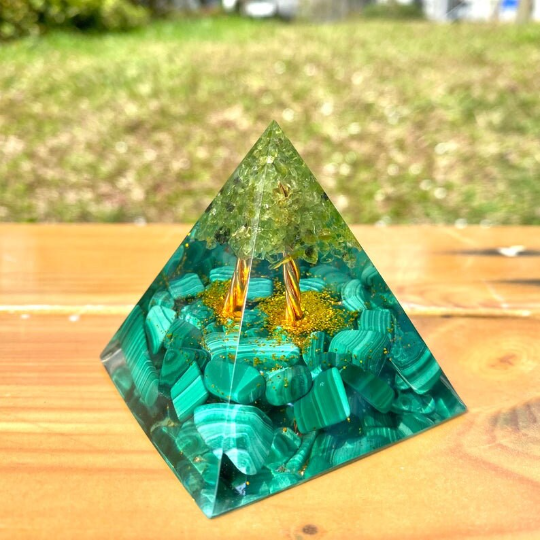 Malachite Orgone Pyramid-Tree of Life Orgonite Pyramid-Natural Crystal Orgonite Pyramid
