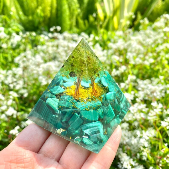 Malachite Orgone Pyramid-Tree of Life Orgonite Pyramid-Natural Crystal Orgonite Pyramid